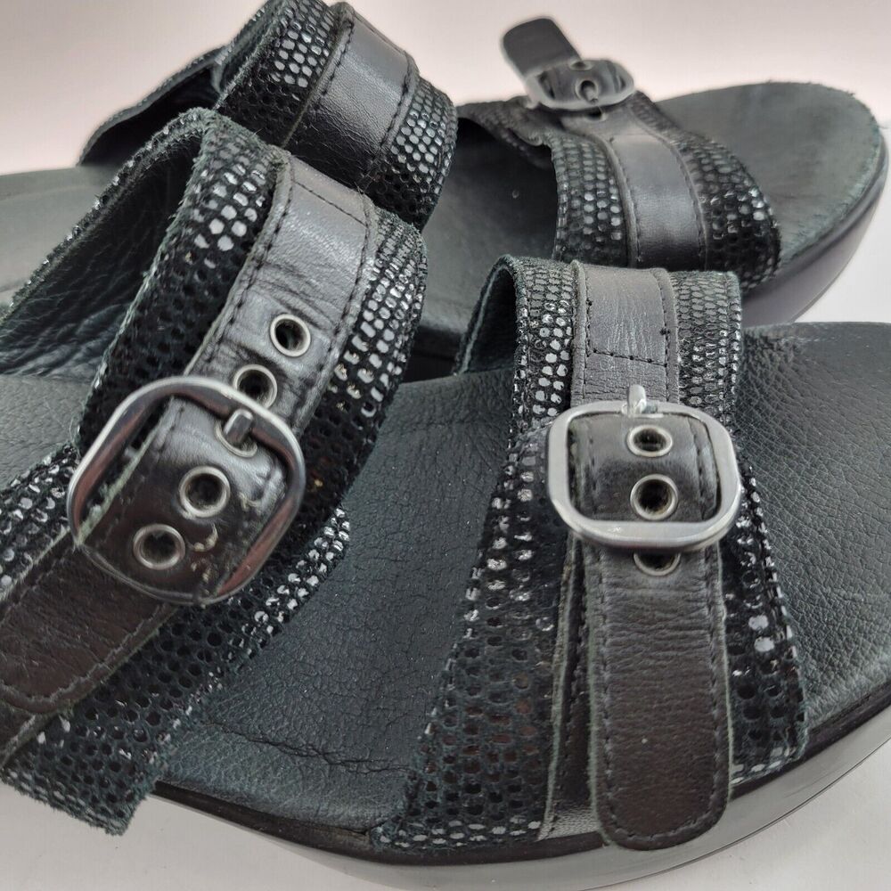 Dansko Wedge Sandals Jessie Size 41 10.5-11 Black Lizard Leather‎ Slip On Buckle - Picture 9 of 13